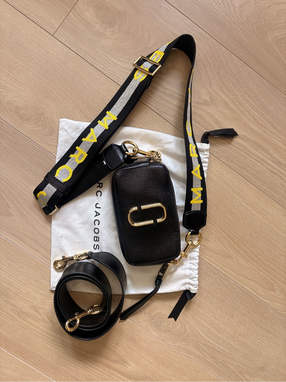 Marc Jacobs Black Leather Snapshot Crossbody with Yellow Logo Strap